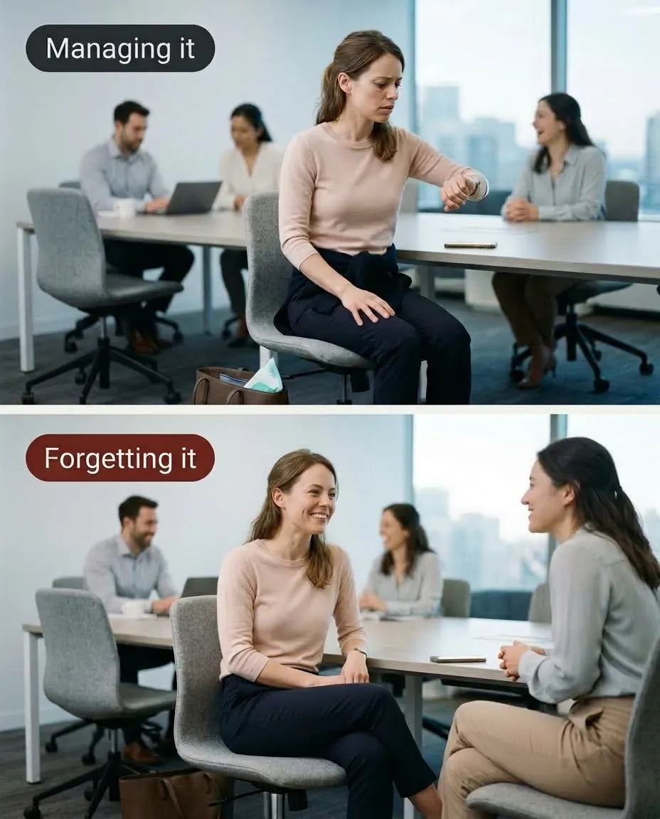 The same meeting twice. Top, labelled “Managing it”: a woman checks her watch, a sweater tied around her waist. Bottom, labelled “Forgetting it”: she smiles and chats with a colleague.