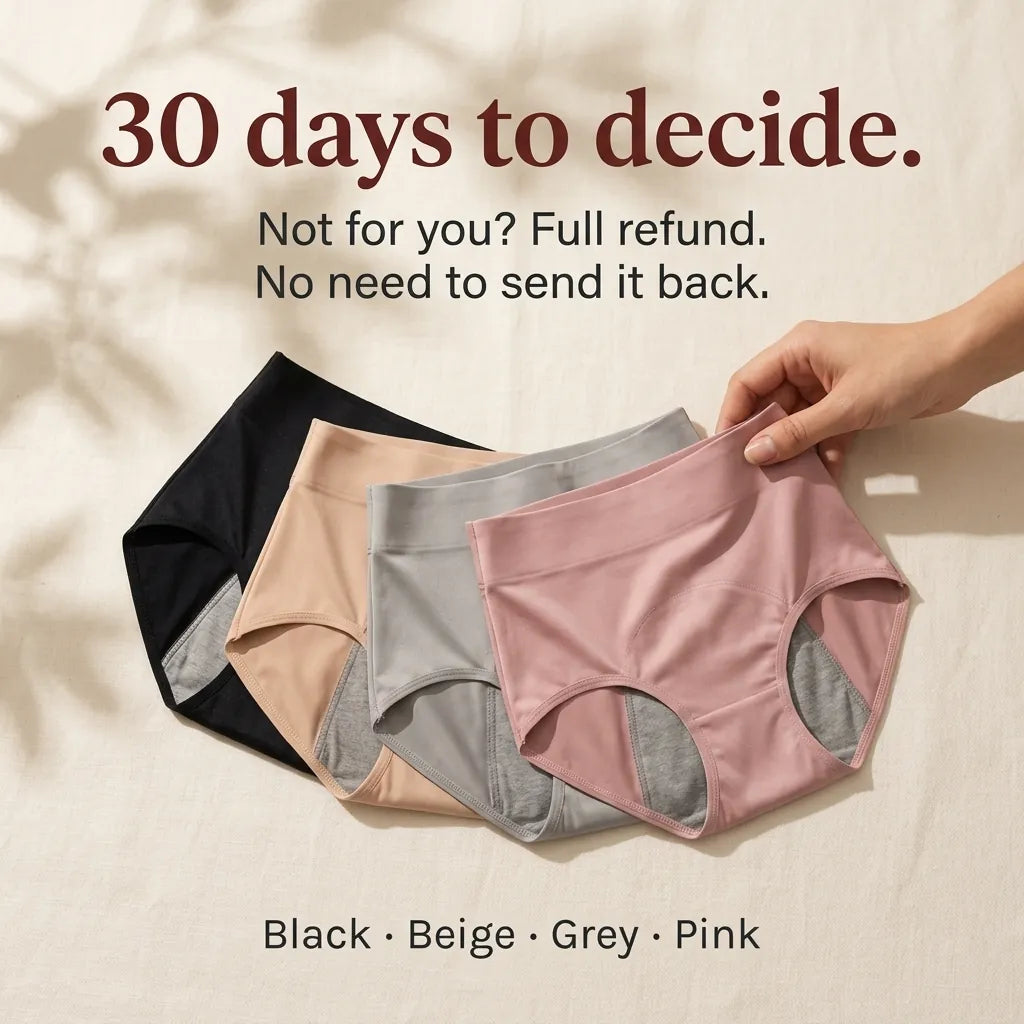 Insoucia briefs in black, beige, grey and pink. Text: “30 days to decide. Not for you? Full refund. No need to send it back.”