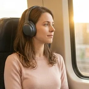 A woman on a train with headphones on, looking out of the window