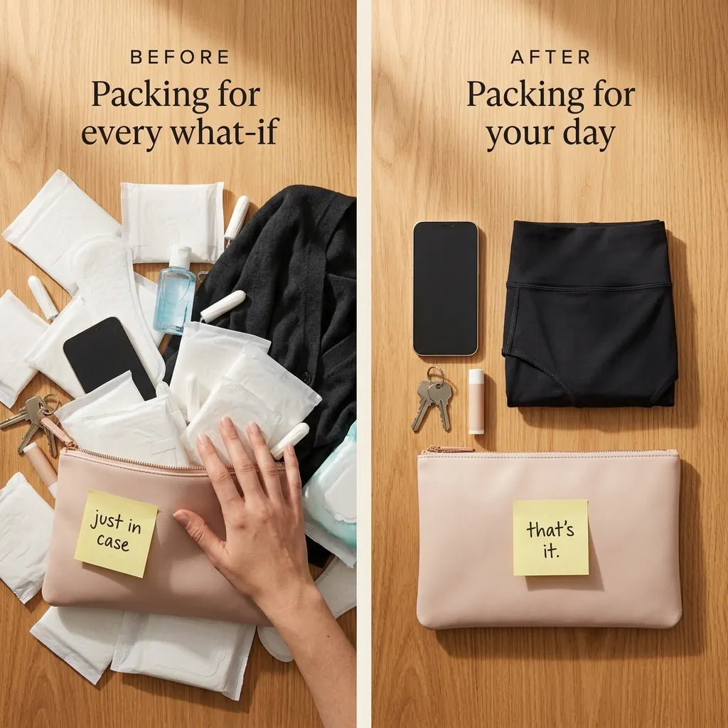Before and after. Before: a pouch overflowing with pads, tampons and wipes, with a note reading “just in case”. After: a phone, keys, lip balm and one folded Insoucia brief, with a note reading “that's it.”