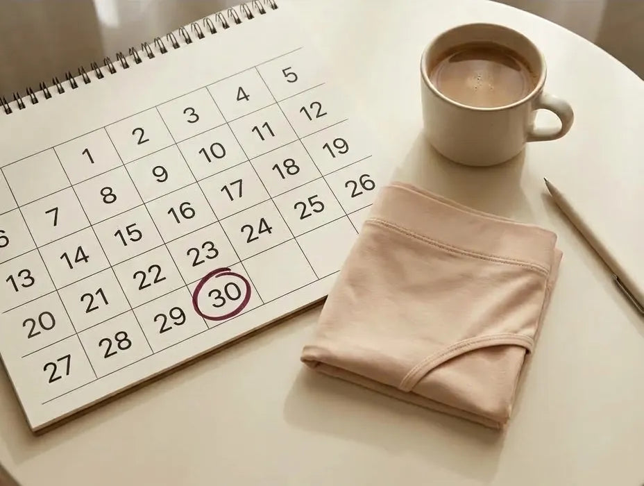 A desk calendar with day 30 circled, next to a folded beige Insoucia brief and a cup of coffee.