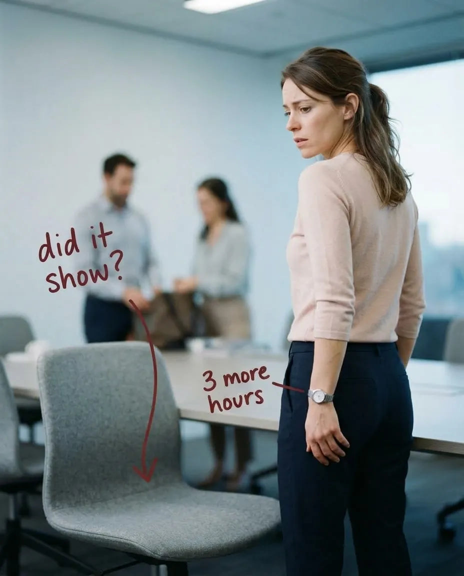 A woman glances back at her chair after a meeting. Handwritten notes read “did it show?” and “3 more hours”.