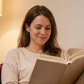 A woman smiling as she reads a book on the couch in the evening
