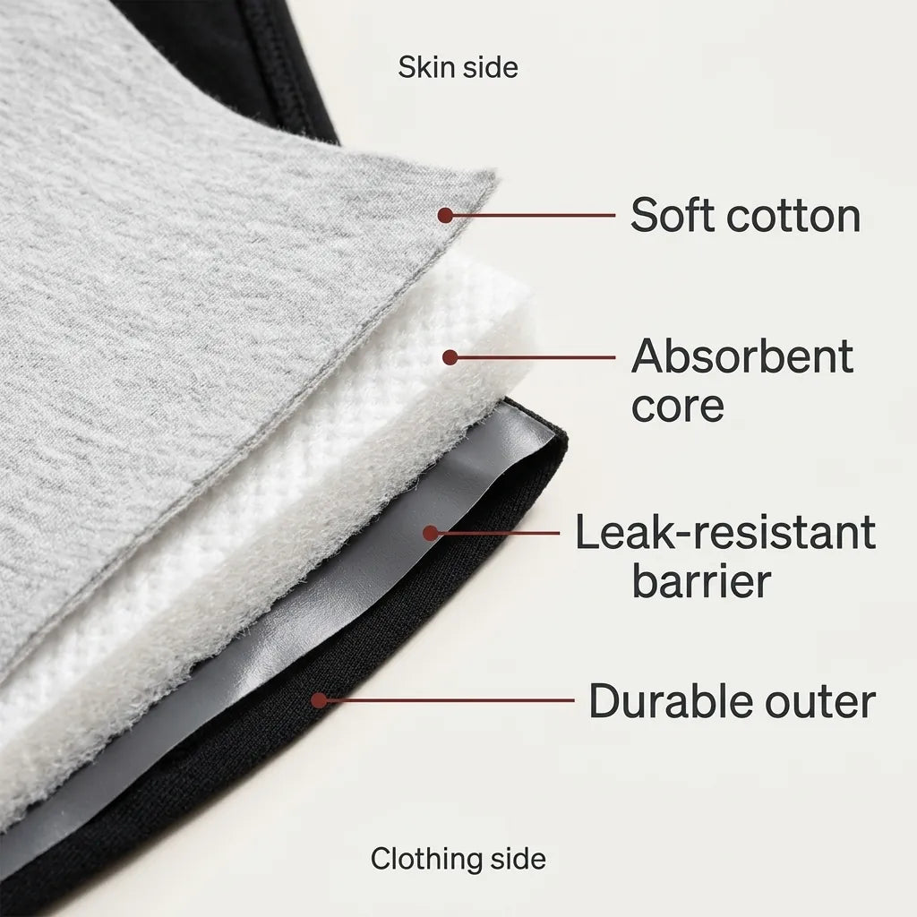 Cross-section of the four layers, from skin side to clothing side: soft cotton, absorbent core, leak-resistant barrier, durable outer fabric.