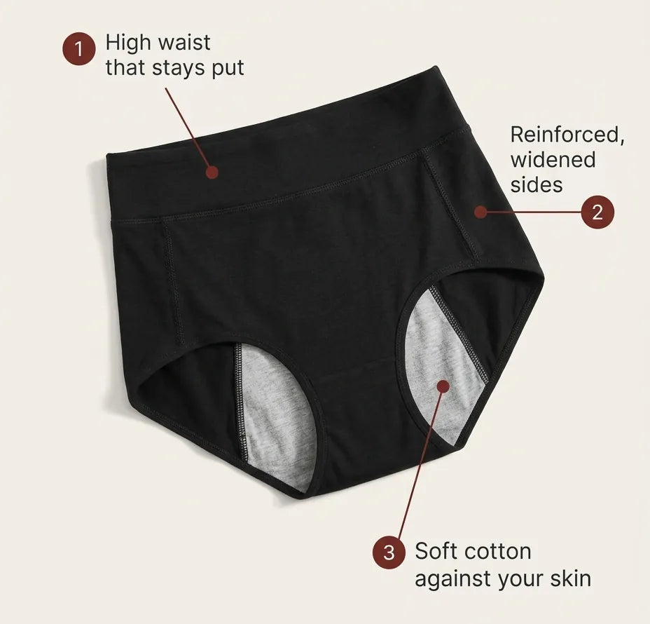 A black high-waisted Insoucia brief with three callouts: high waist that stays put, reinforced and widened sides, soft cotton against your skin.