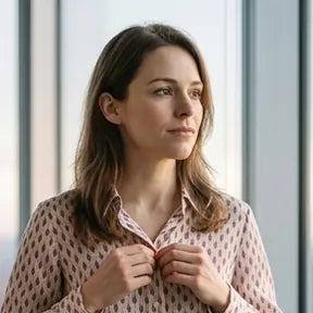 A woman buttoning her shirt by a window in the morning