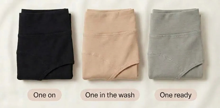 Three folded Insoucia briefs in black, beige and grey, labelled “One on”, “One in the wash” and “One ready”.
