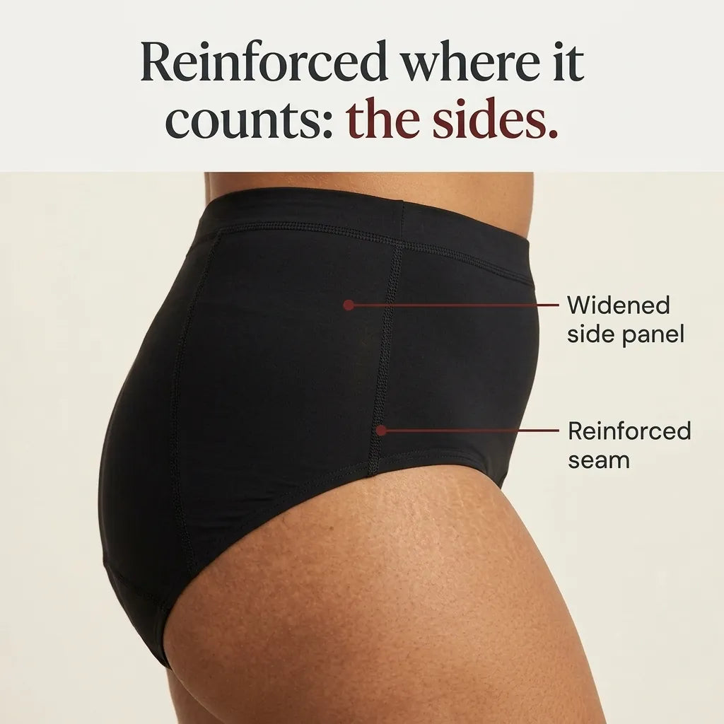 Close-up of the hip in the black Insoucia brief, pointing out the widened side panel and the reinforced seam. Text: “Reinforced where it counts: the sides.”